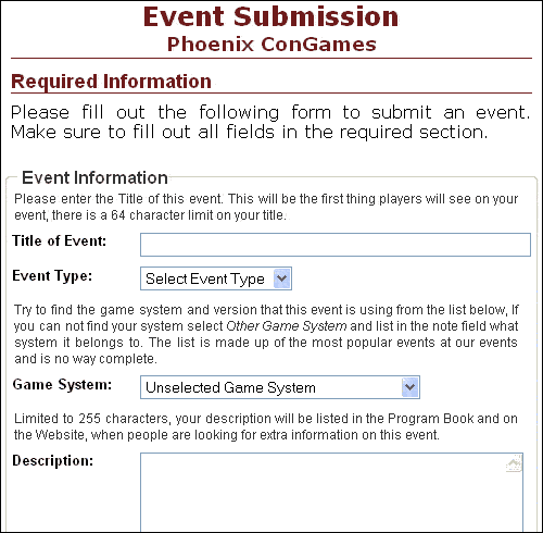 New event submission form referance picture.